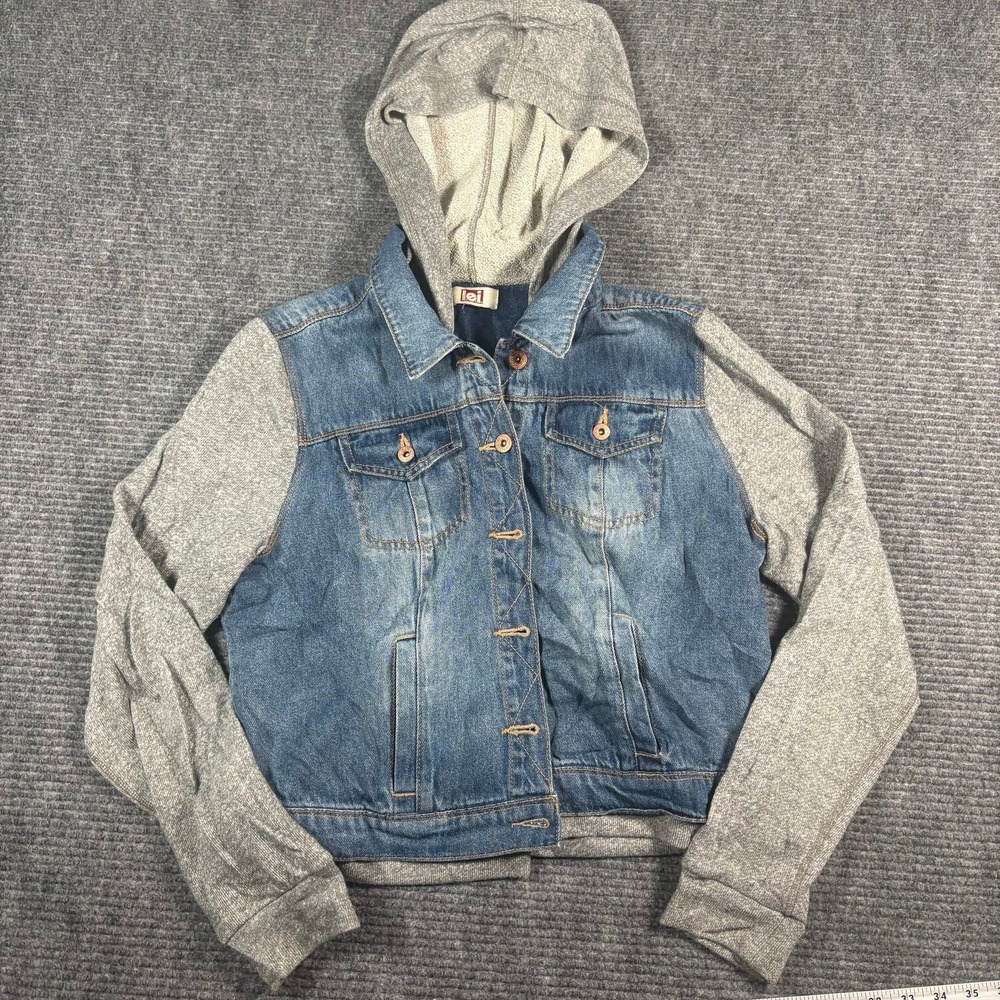 l.e.i. Jean Jacket Womens L Blue Excellent Mixed Media Hooded Knit Sleeve